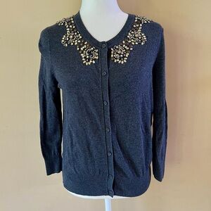 Ann Taylor LOFT Medium Gray Cardigan Sweater Gold Beading Shirt